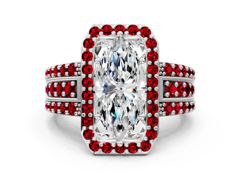 White gold Marquise Cut Halo Diamond Ring with Round with Ruby side stone Split Shank and Prong Setting_24
