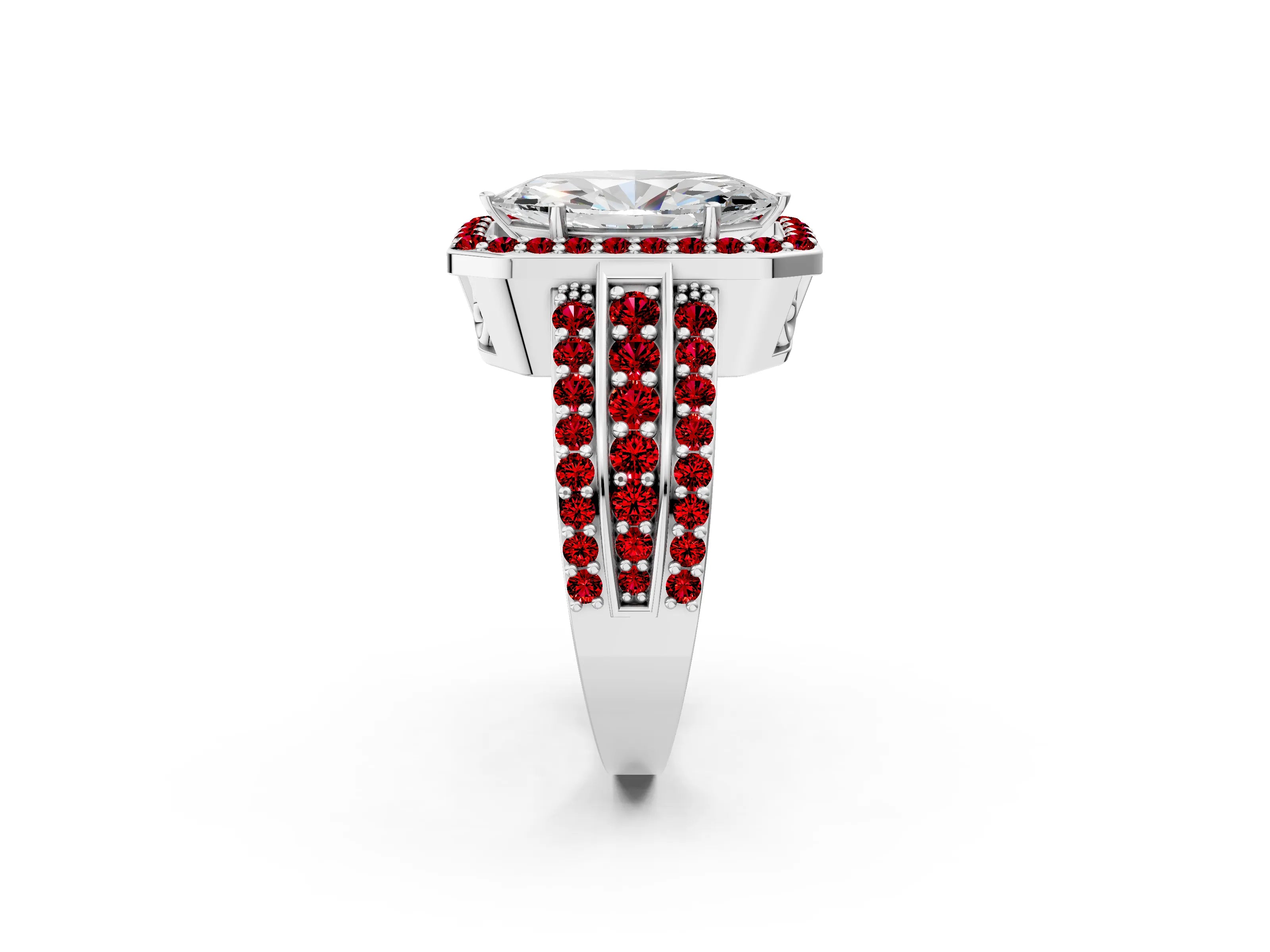 White gold Marquise Cut Halo Diamond Ring with Round with Ruby side stone Split Shank and Prong Setting_26