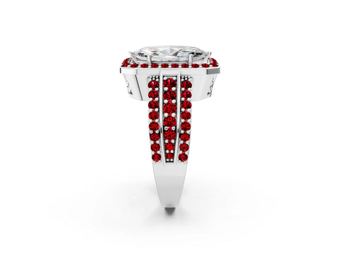 White gold Marquise Cut Halo Diamond Ring with Round with Ruby side stone Split Shank and Prong Setting_26