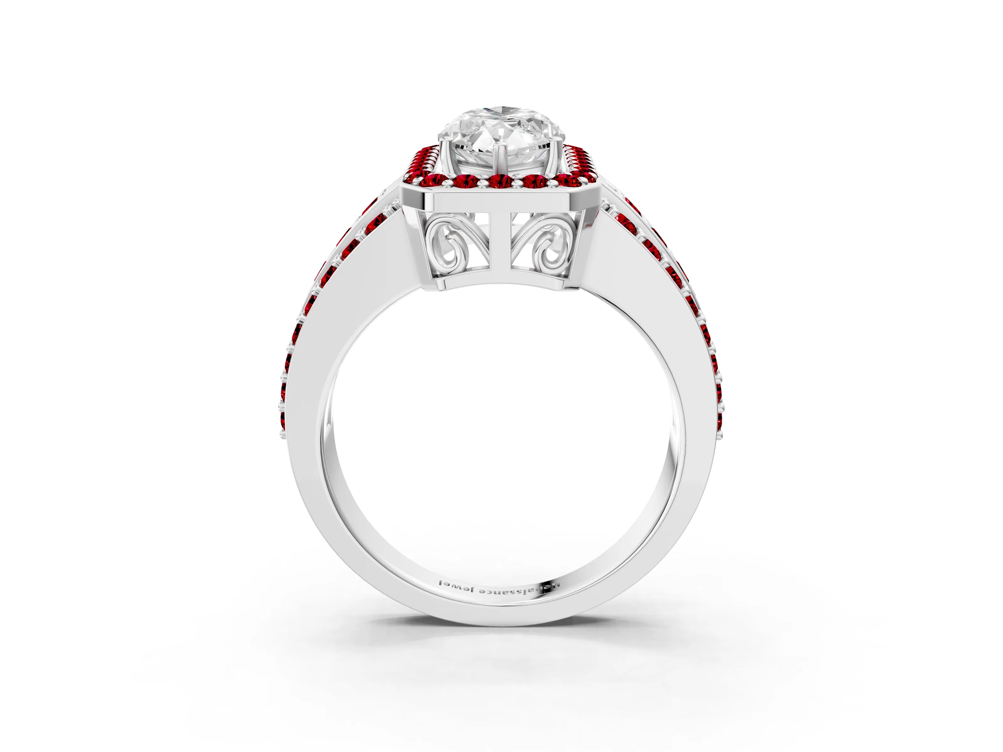 White gold Marquise Cut Halo Diamond Ring with Round with Ruby side stone Split Shank and Prong Setting_27