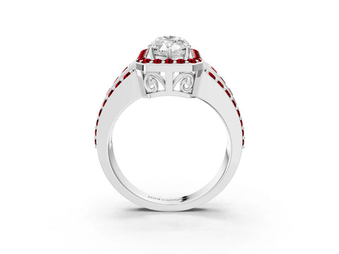 White gold Marquise Cut Halo Diamond Ring with Round with Ruby side stone Split Shank and Prong Setting_27
