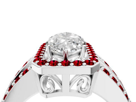 White gold Marquise Cut Halo Diamond Ring with Round with Ruby side stone Split Shank and Prong Setting_28
