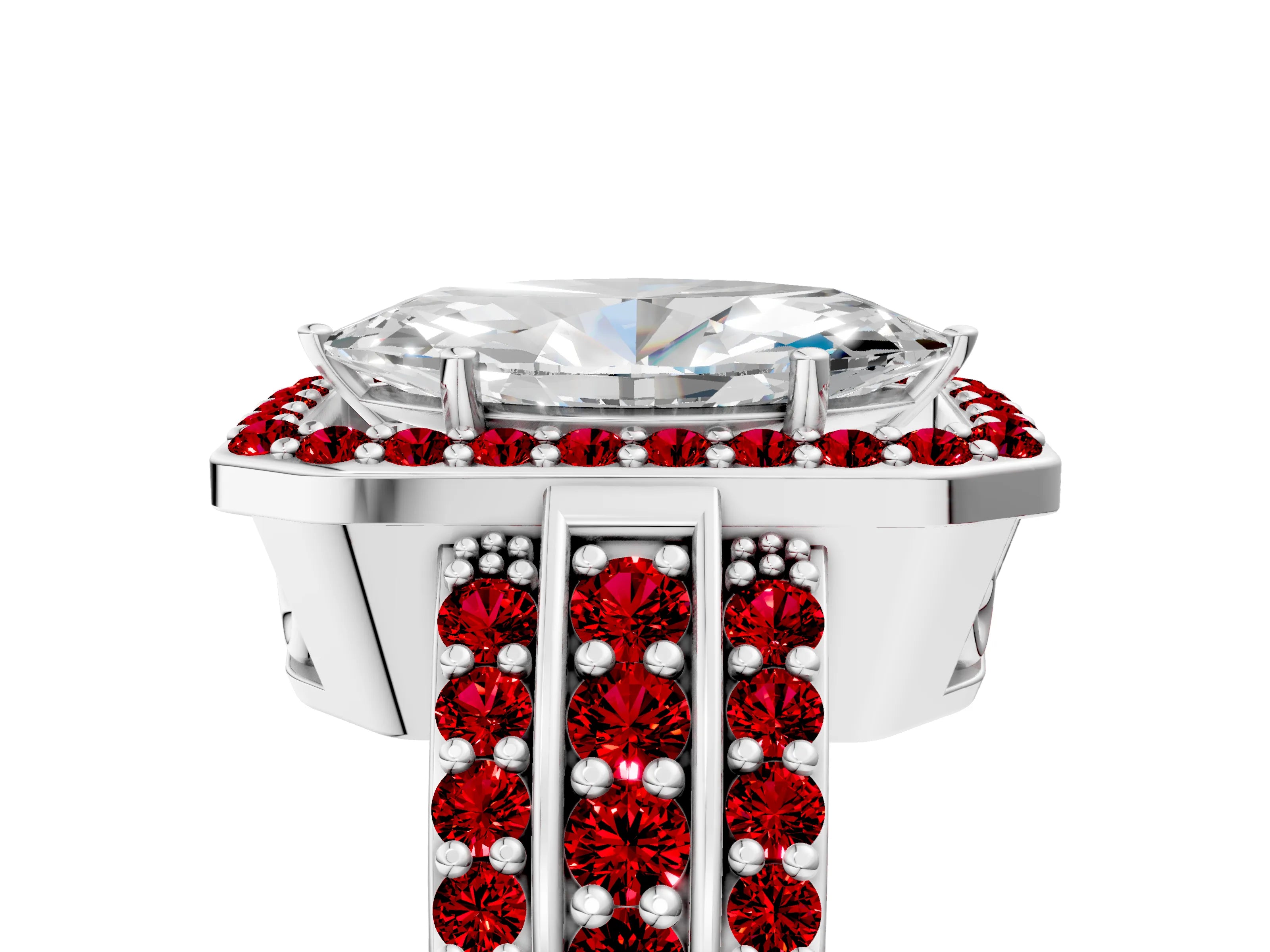 White gold Marquise Cut Halo Diamond Ring with Round with Ruby side stone Split Shank and Prong Setting_29