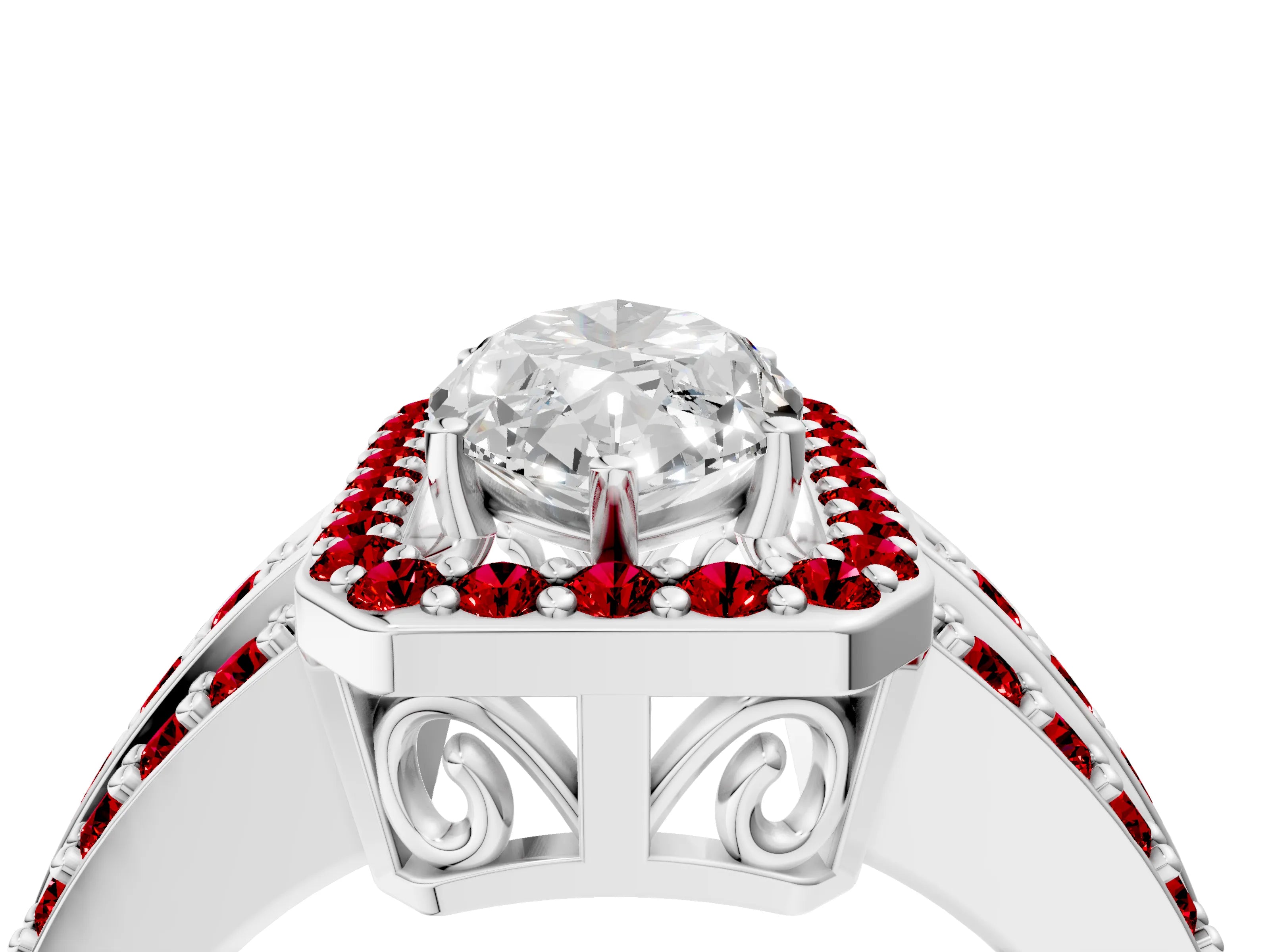 White gold Marquise Cut Halo Diamond Ring with Round with Ruby side stone Split Shank and Prong Setting_52
