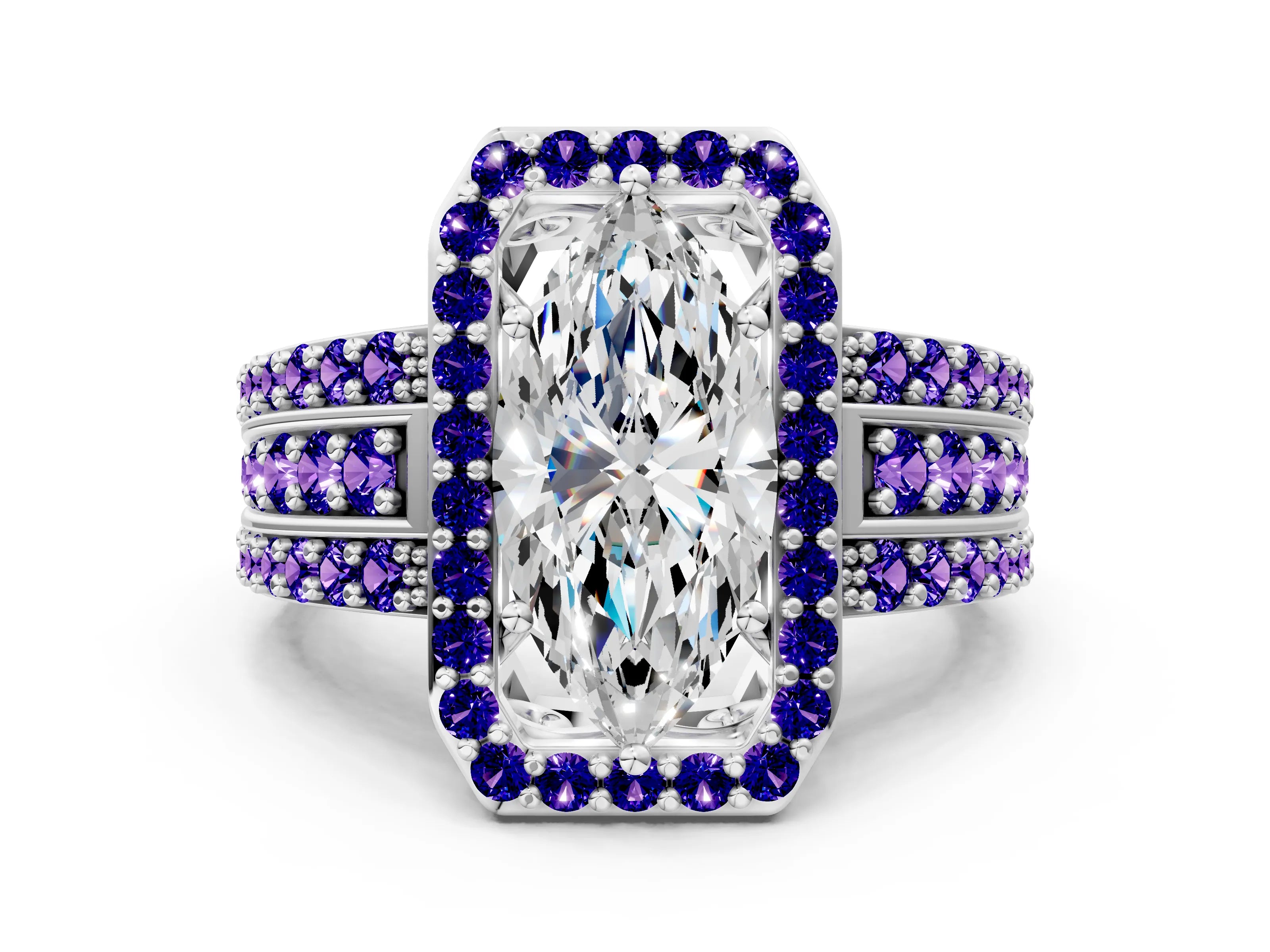 White gold Marquise Cut Halo Diamond Ring with Round with Tanzanite side stone Split Shank and Prong Setting_12