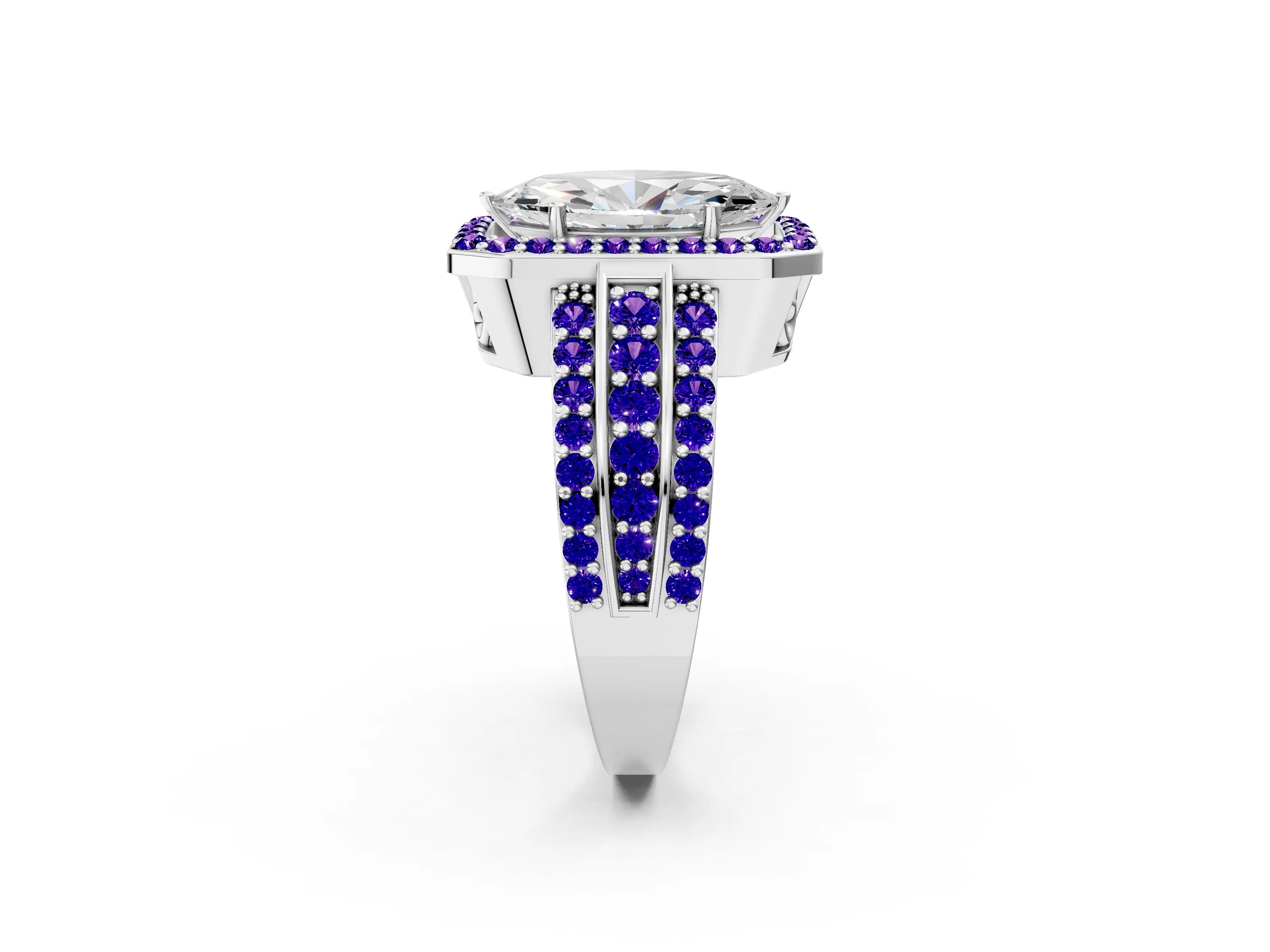 White gold Marquise Cut Halo Diamond Ring with Round with Tanzanite side stone Split Shank and Prong Setting_14