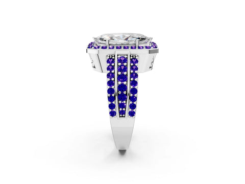 White gold Marquise Cut Halo Diamond Ring with Round with Tanzanite side stone Split Shank and Prong Setting_14