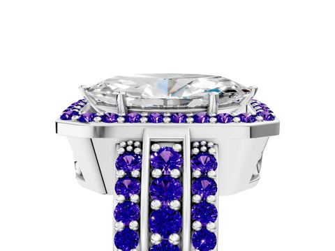 White gold Marquise Cut Halo Diamond Ring with Round with Tanzanite side stone Split Shank and Prong Setting_17
