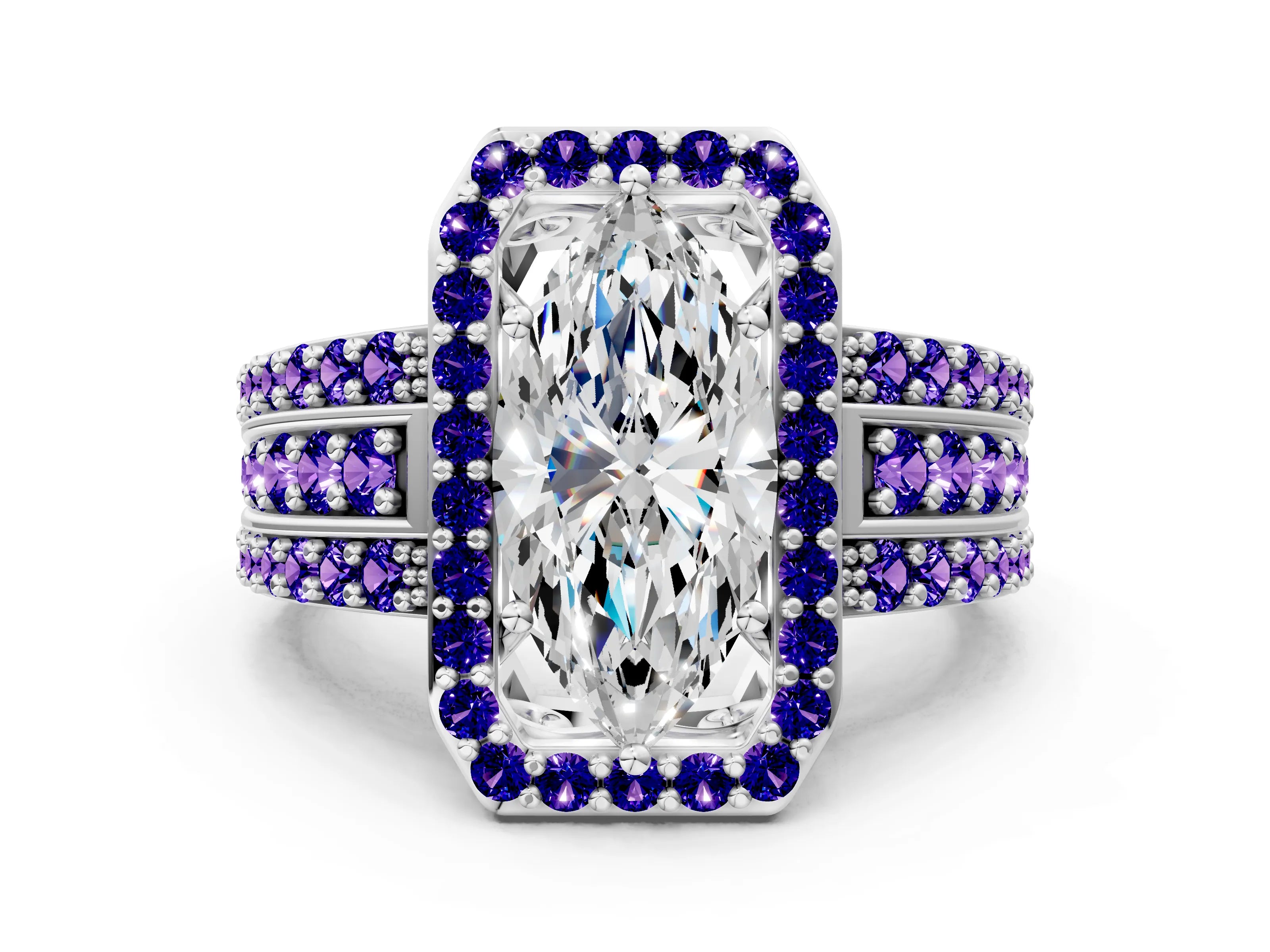 White gold Marquise Cut Halo Diamond Ring with Round with Tanzanite side stone Split Shank and Prong Setting_18