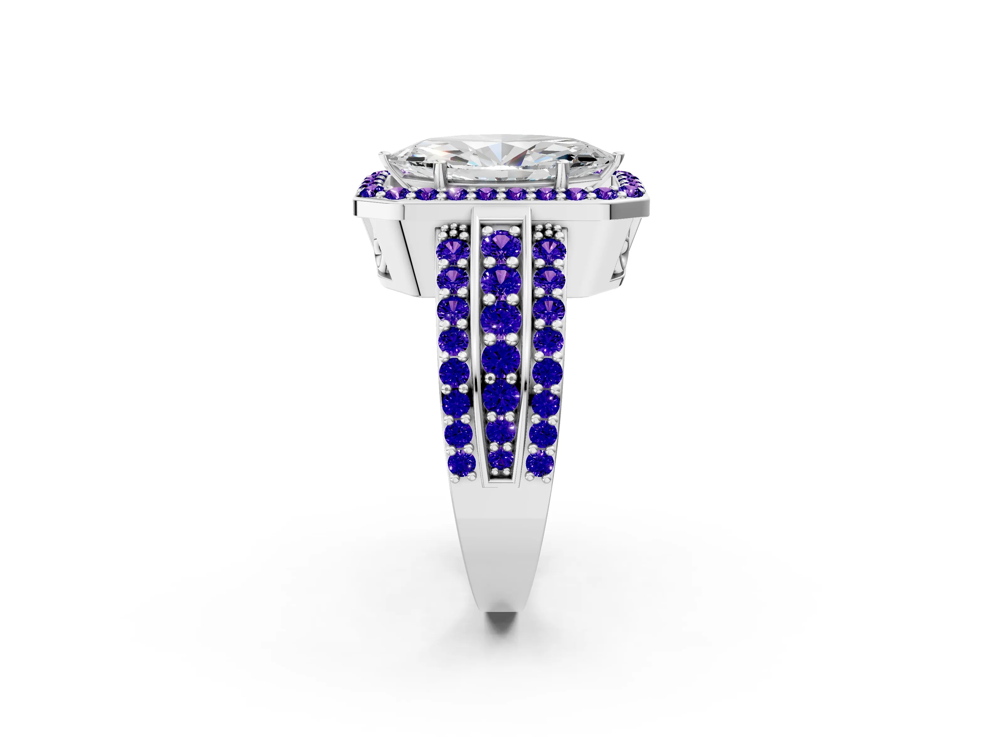 White gold Marquise Cut Halo Diamond Ring with Round with Tanzanite side stone Split Shank and Prong Setting_20