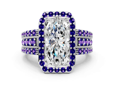 White gold Marquise Cut Halo Diamond Ring with Round with Tanzanite side stone Split Shank and Prong Setting_23