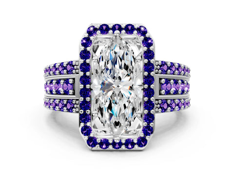 White gold Marquise Cut Halo Diamond Ring with Round with Tanzanite side stone Split Shank and Prong Setting_24