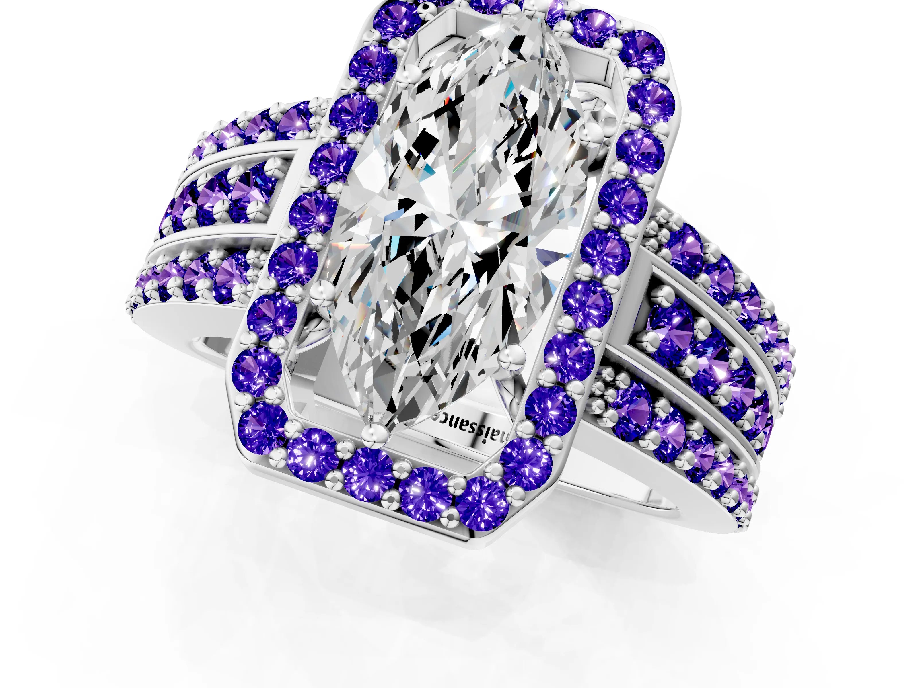 White gold Marquise Cut Halo Diamond Ring with Round with Tanzanite side stone Split Shank and Prong Setting_25