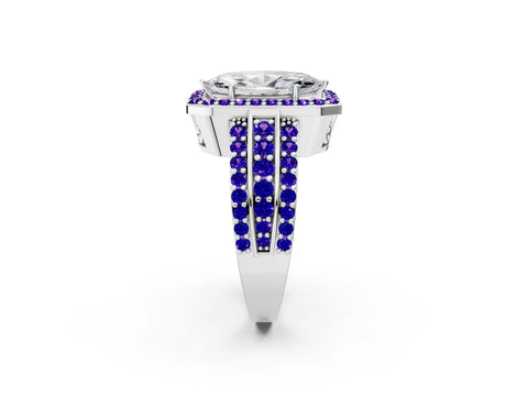 White gold Marquise Cut Halo Diamond Ring with Round with Tanzanite side stone Split Shank and Prong Setting_25