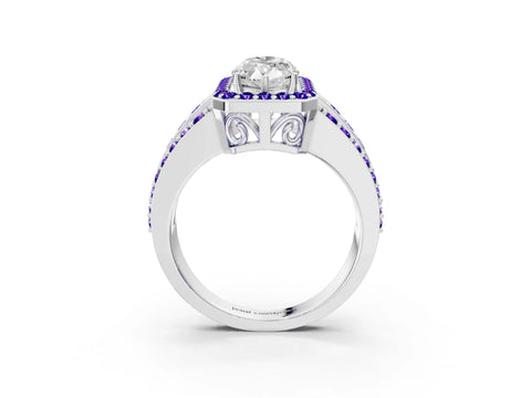 White gold Marquise Cut Halo Diamond Ring with Round with Tanzanite side stone Split Shank and Prong Setting_27