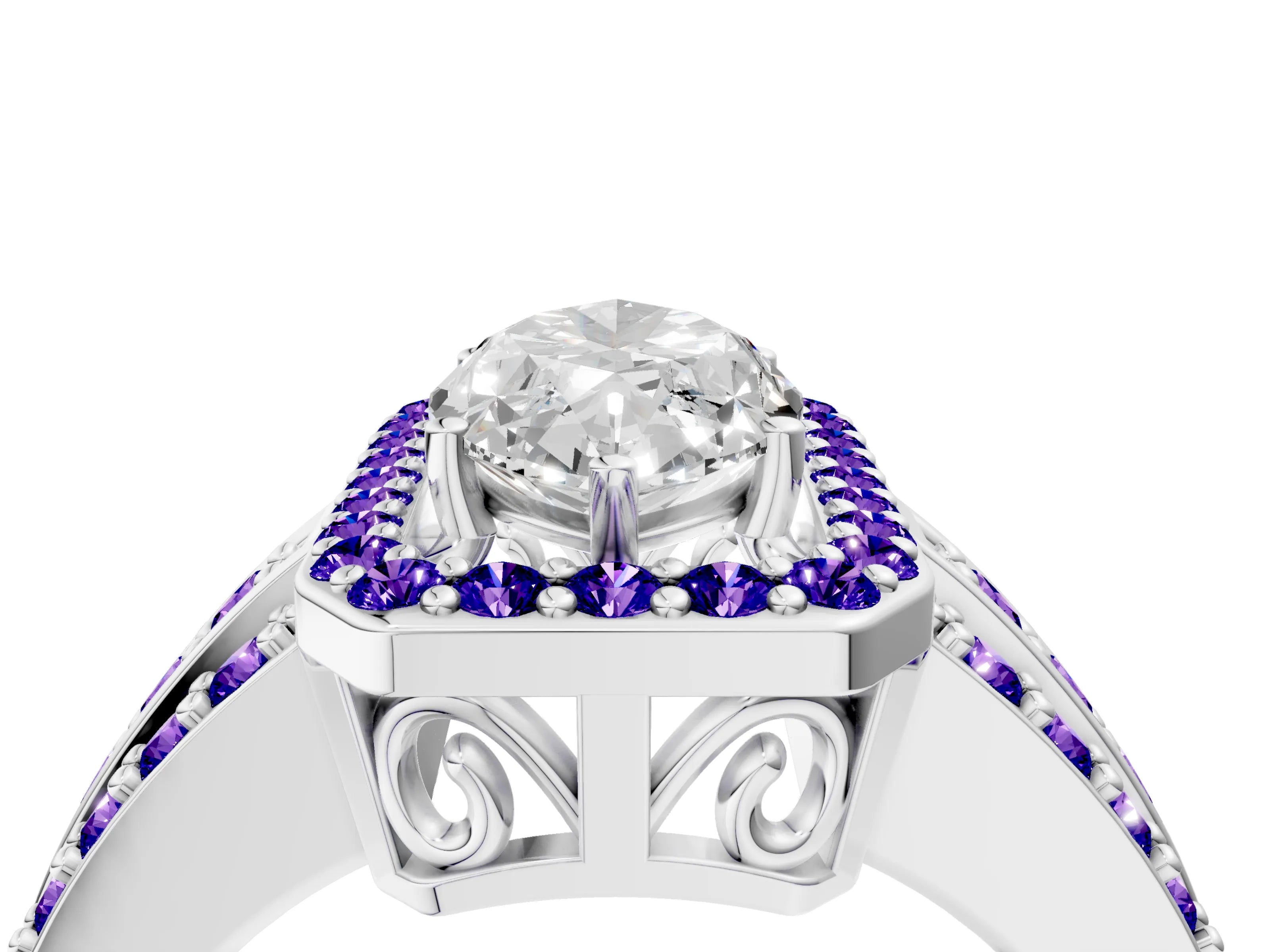 White gold Marquise Cut Halo Diamond Ring with Round with Tanzanite side stone Split Shank and Prong Setting_28