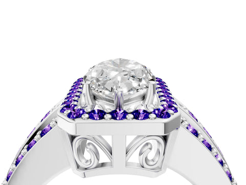 White gold Marquise Cut Halo Diamond Ring with Round with Tanzanite side stone Split Shank and Prong Setting_28