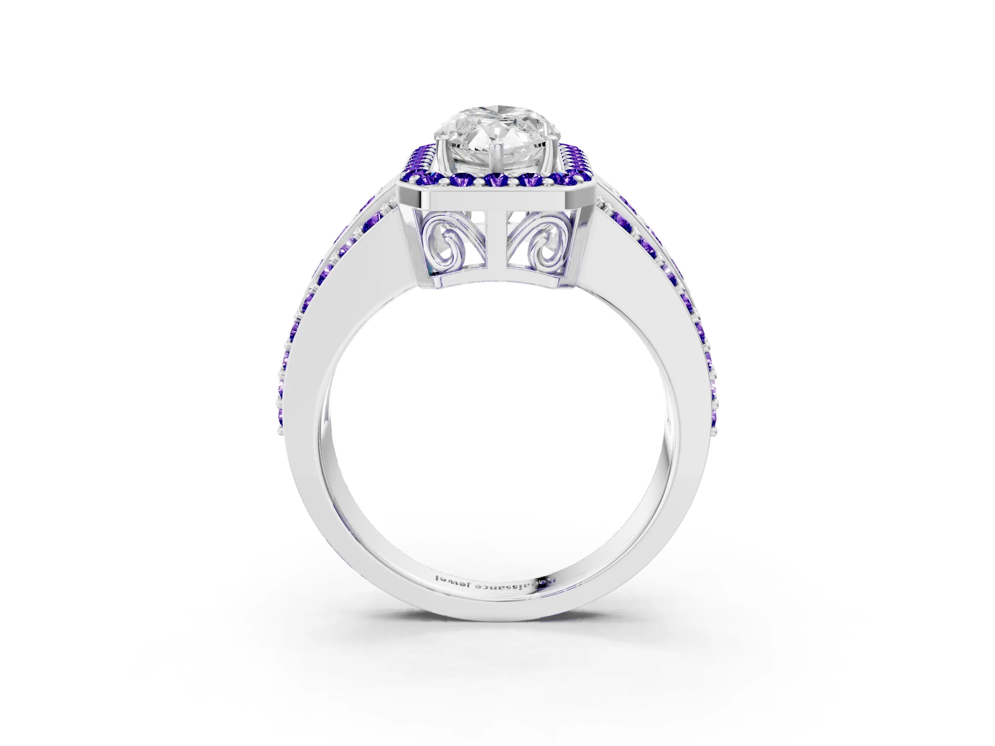 White gold Marquise Cut Halo Diamond Ring with Round with Tanzanite side stone Split Shank and Prong Setting_33