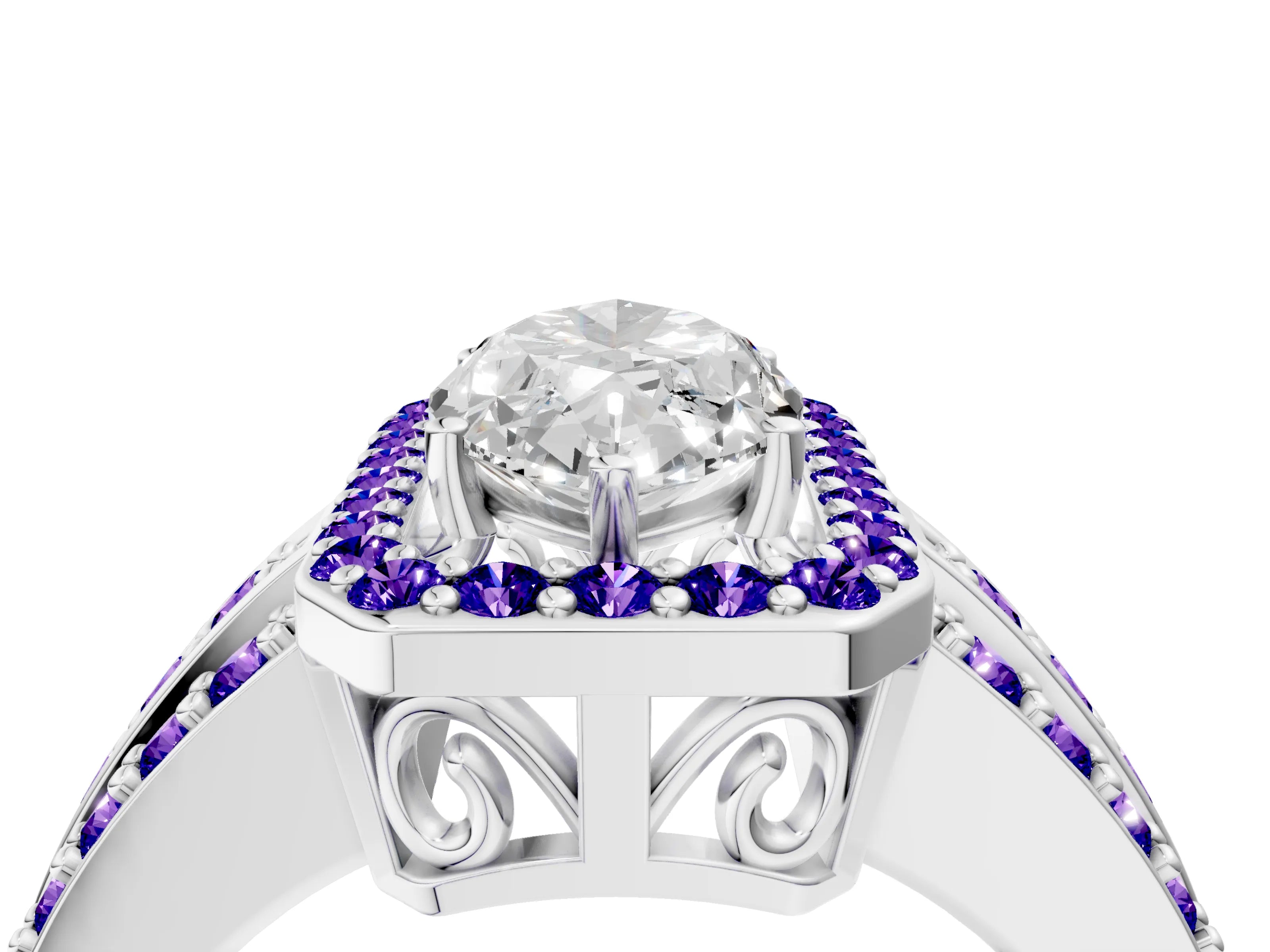 White gold Marquise Cut Halo Diamond Ring with Round with Tanzanite side stone Split Shank and Prong Setting_34
