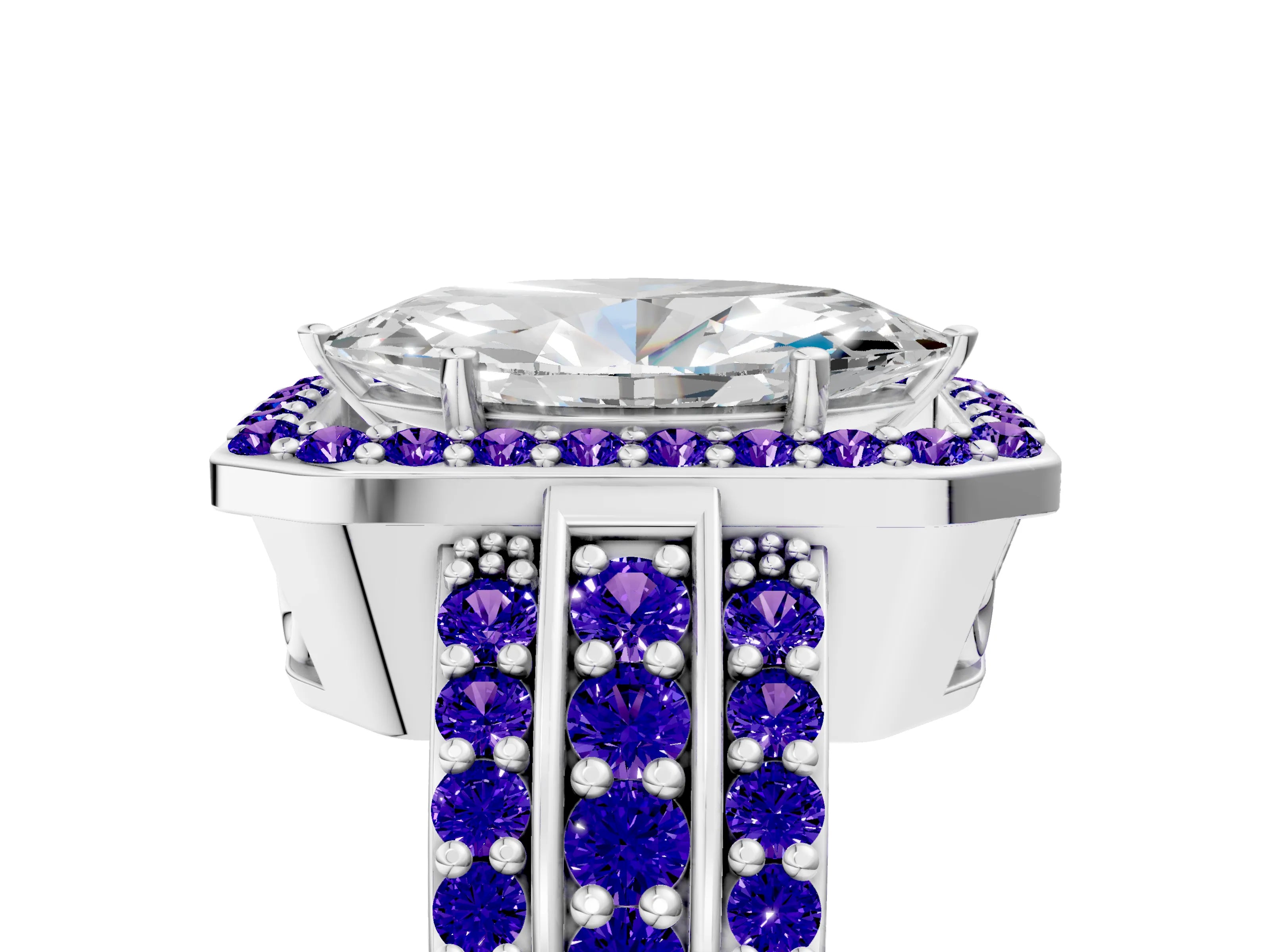 White gold Marquise Cut Halo Diamond Ring with Round with Tanzanite side stone Split Shank and Prong Setting_35