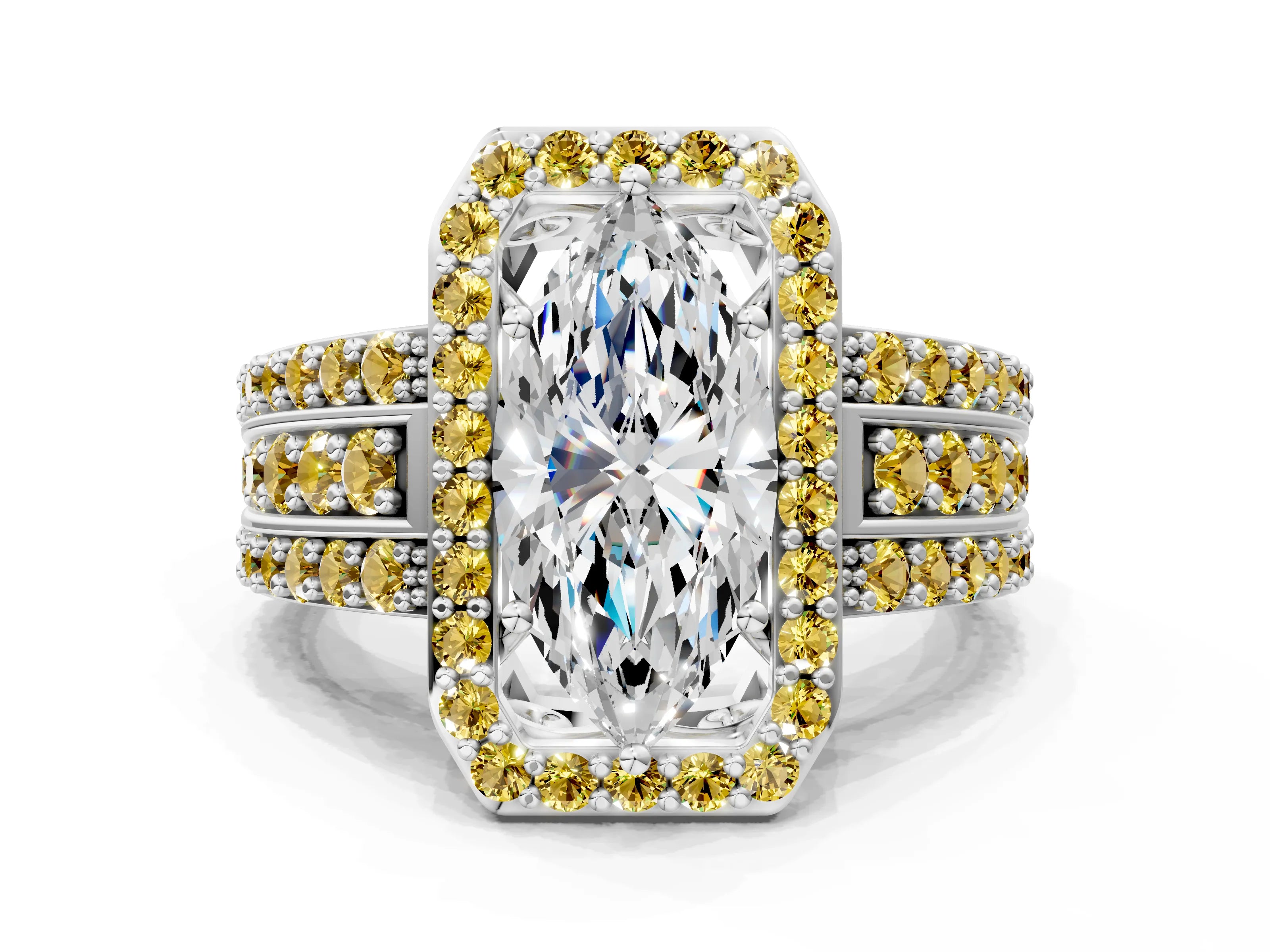 White gold Marquise Cut Halo Diamond Ring with Round with Yellow Sapphire side stone Split Shank and Prong Setting_24