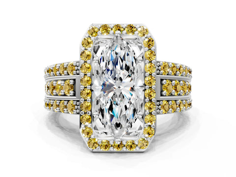White gold Marquise Cut Halo Diamond Ring with Round with Yellow Sapphire side stone Split Shank and Prong Setting_24