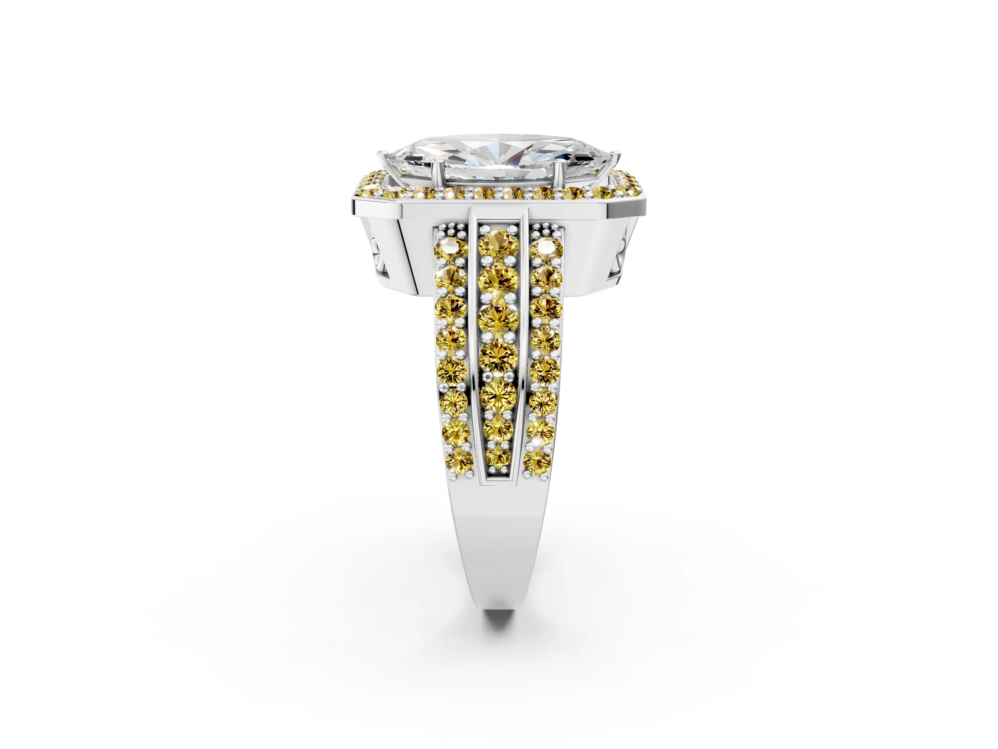White gold Marquise Cut Halo Diamond Ring with Round with Yellow Sapphire side stone Split Shank and Prong Setting_26