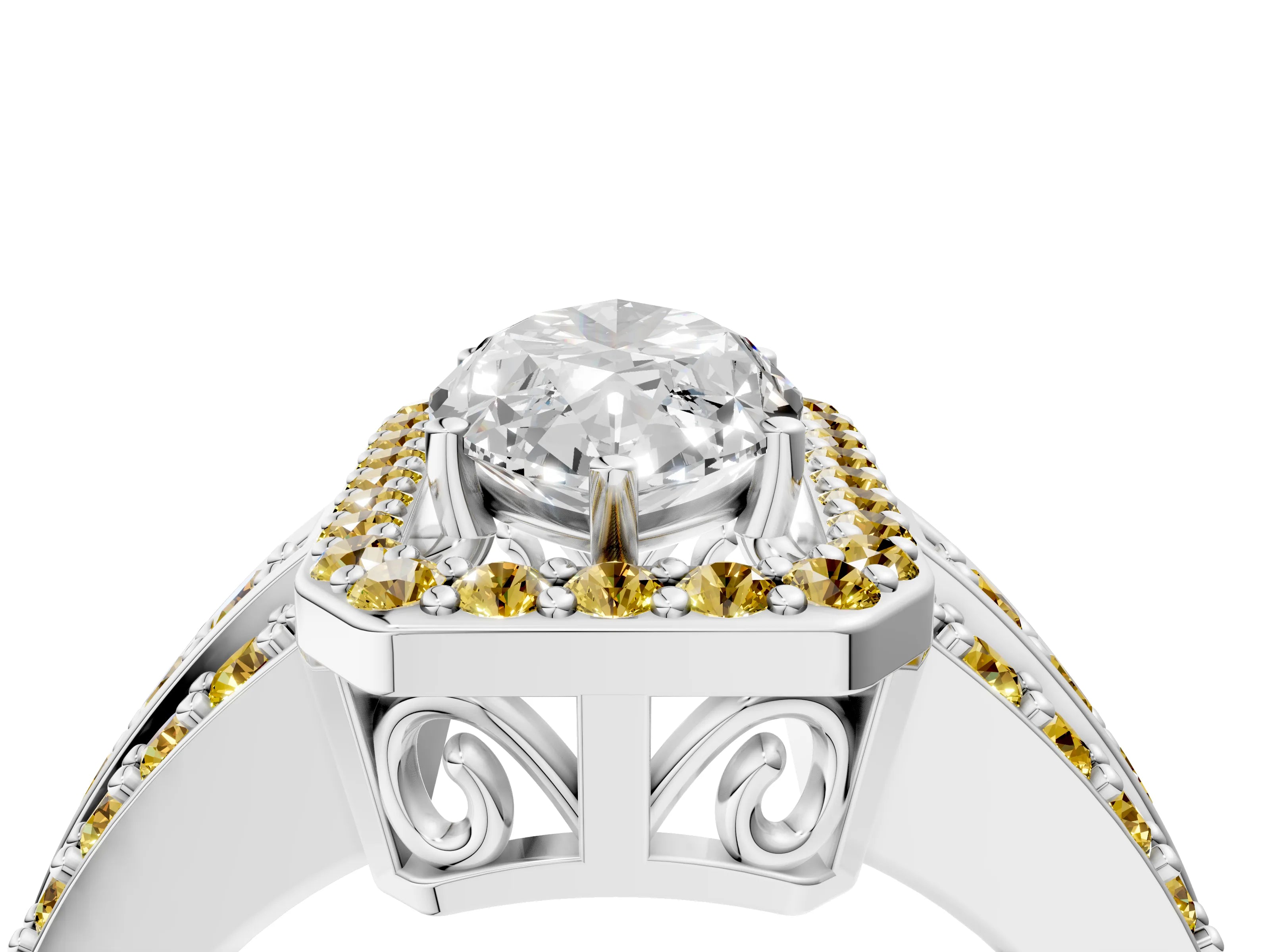 White gold Marquise Cut Halo Diamond Ring with Round with Yellow Sapphire side stone Split Shank and Prong Setting_28