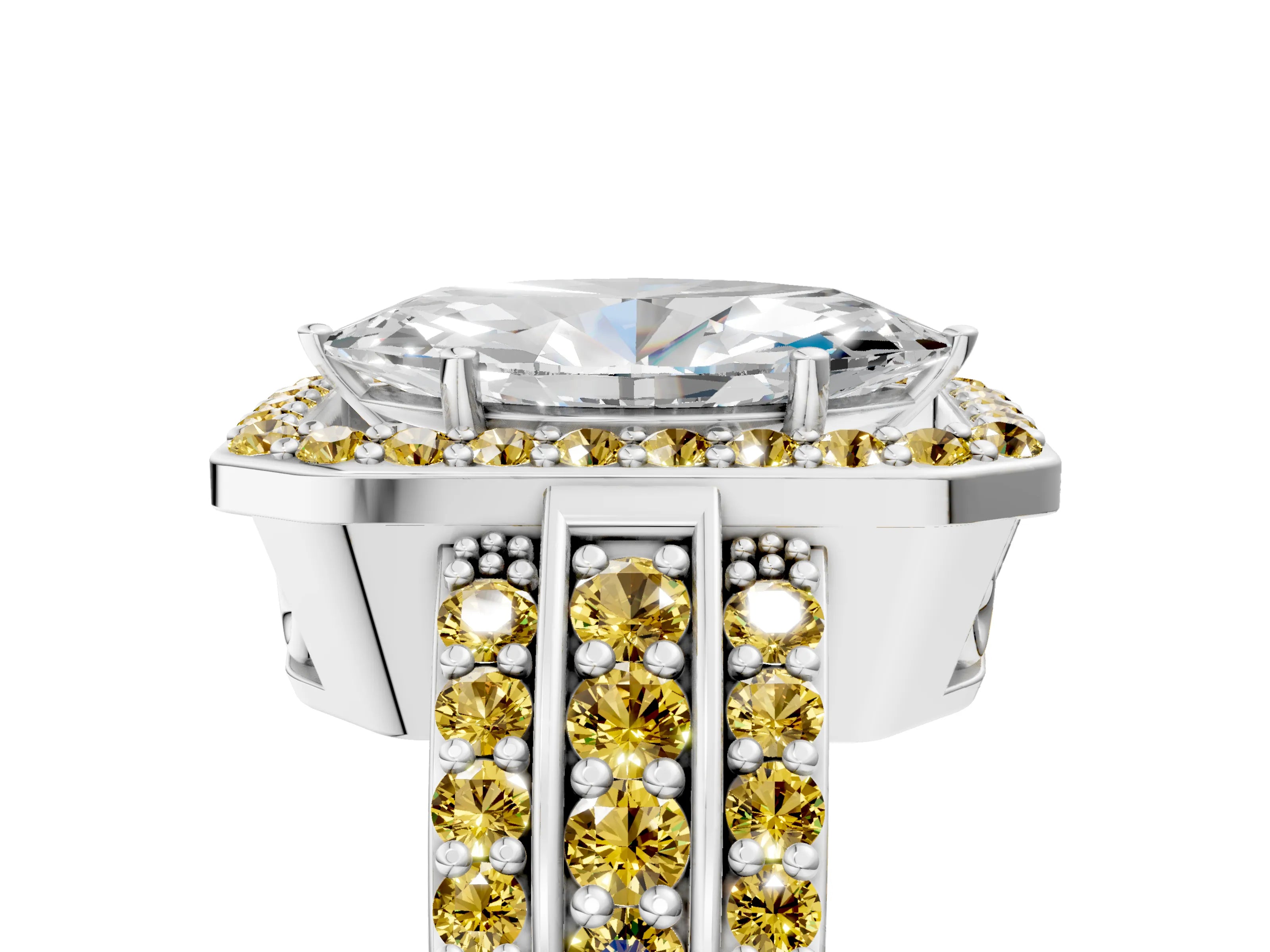 White gold Marquise Cut Halo Diamond Ring with Round with Yellow Sapphire side stone Split Shank and Prong Setting_29