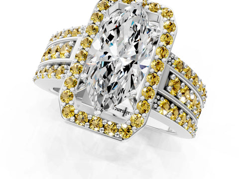 White gold Marquise Cut Halo Diamond Ring with Round with Yellow Sapphire side stone Split Shank and Prong Setting_37