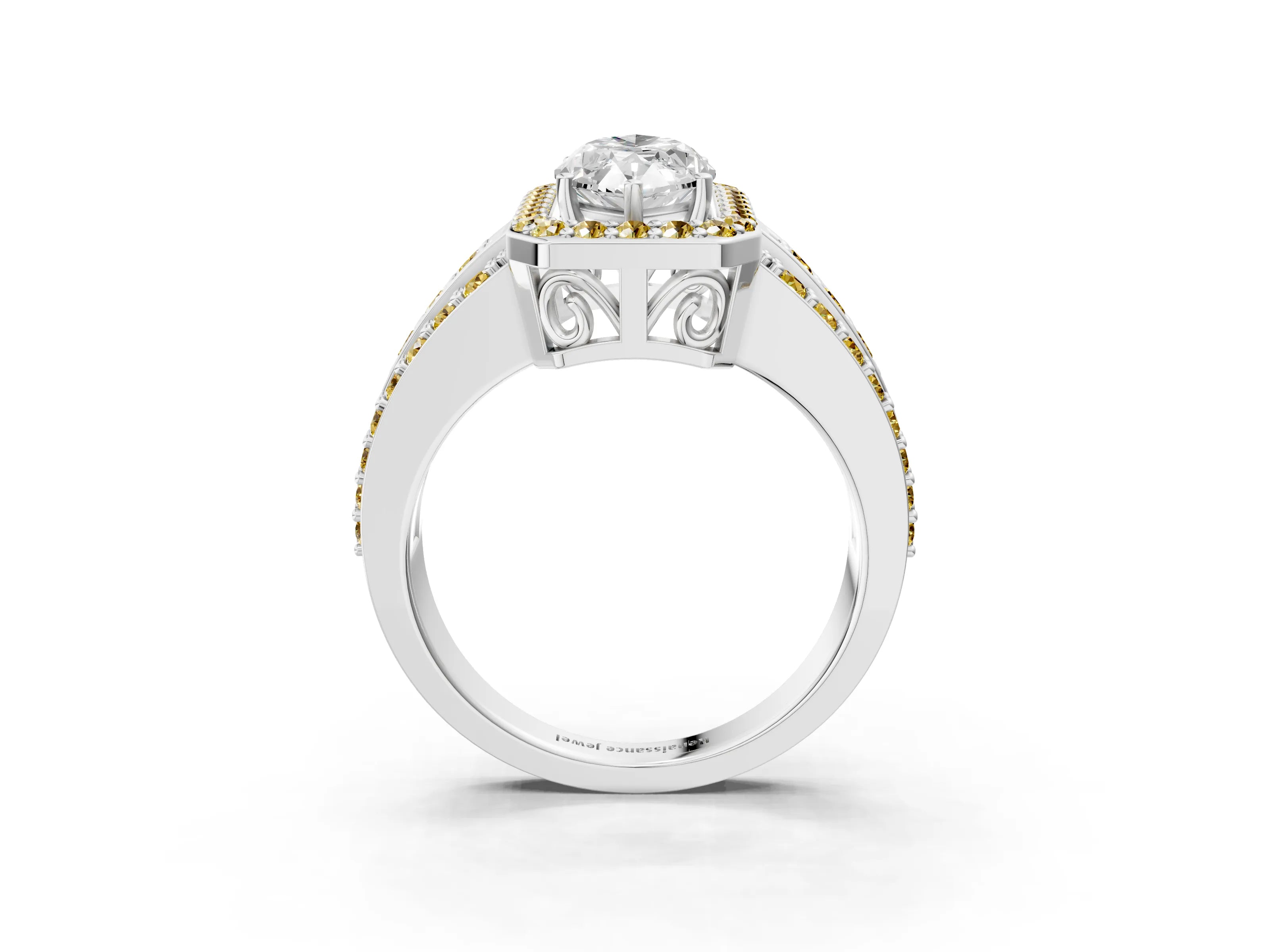 White gold Marquise Cut Halo Diamond Ring with Round with Yellow Sapphire side stone Split Shank and Prong Setting_39