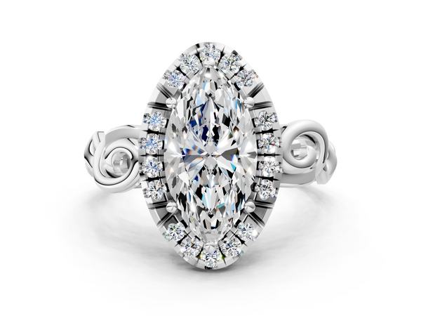 White gold Marquise Cut Halo Diamond Ring with Scrollwork Band and Four-Prong Setting
