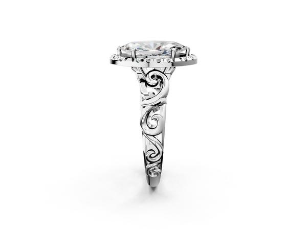 White gold Marquise Cut Halo Diamond Ring with Scrollwork Band and Four-Prong Setting