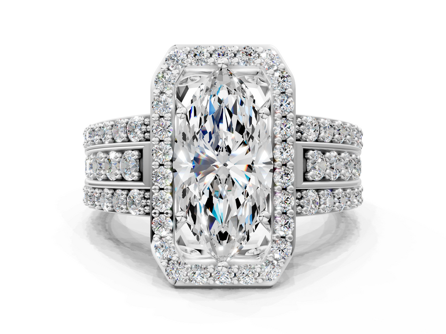 White gold Marquise-Cut Halo Diamond Ring with Split Shank and Four-Prong Setting