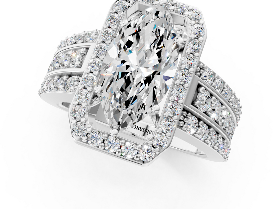 White gold Marquise-Cut Halo Diamond Ring with Split Shank and Four-Prong Setting