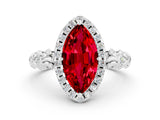 White gold Marquise Cut Halo Diamond Solitaire with Filigree Band and Four-Prong Setting