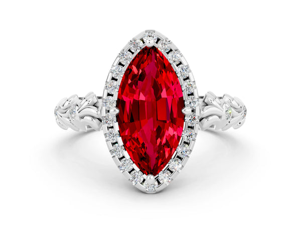Platinum Marquise Cut Ruby Halo Ring with Filigree Band and Prong Setting