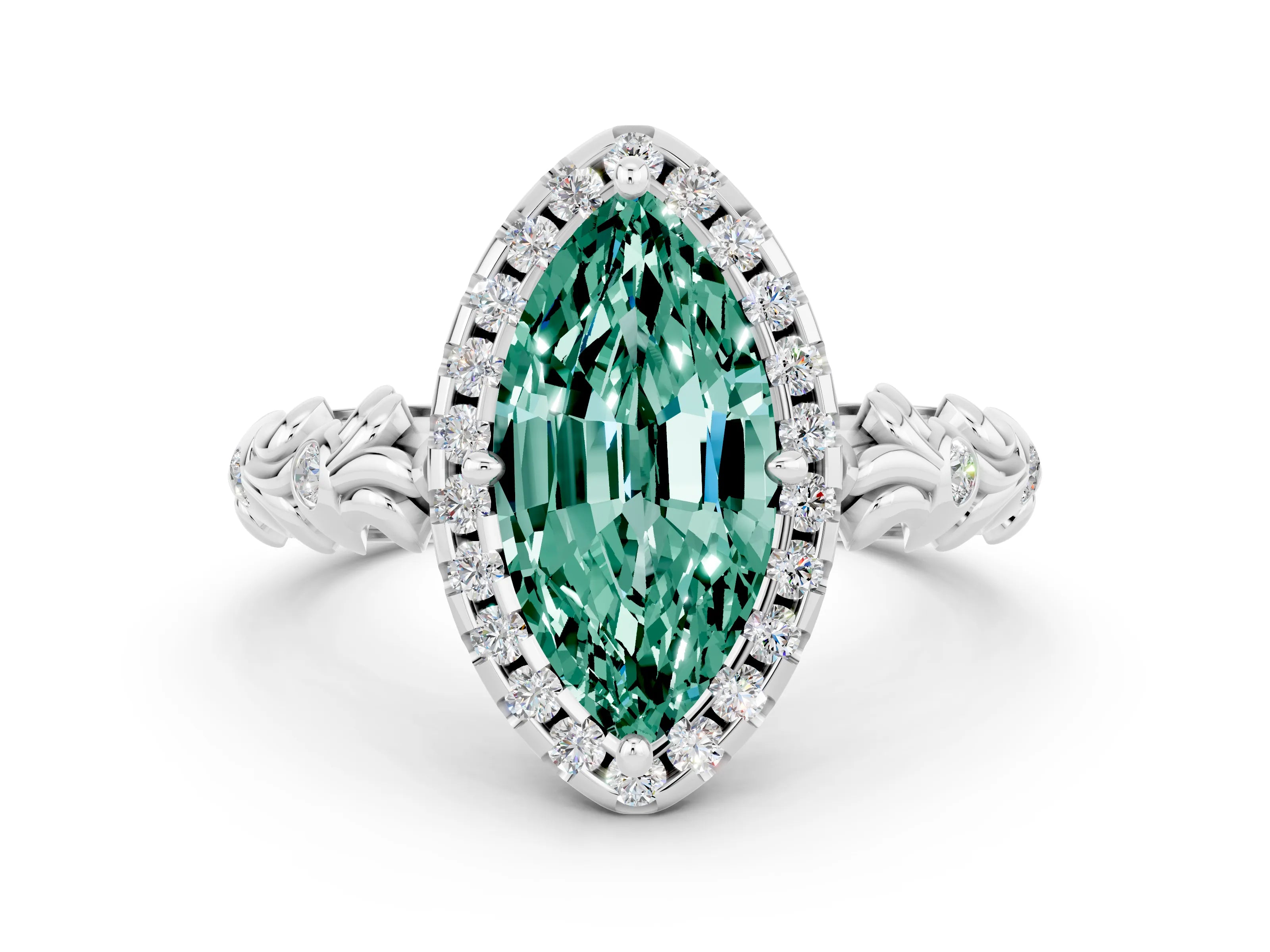 White gold Marquise Cut Halo Diamond Solitaire with Filigree Band and Four-Prong Setting