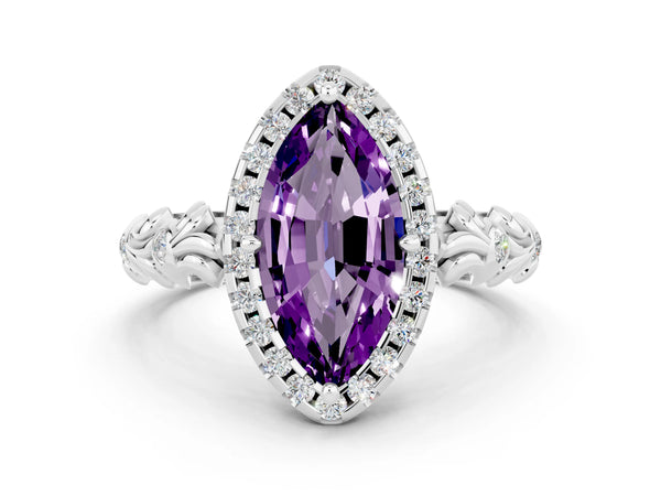 Silver Marquise Cut Amethyst Halo Ring with Filigree Band and Prong Setting