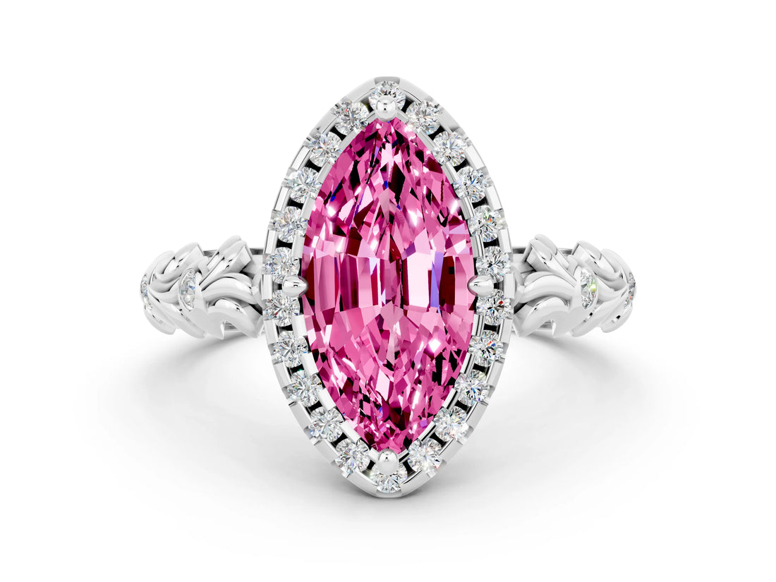 White gold Marquise Cut Halo Diamond Solitaire with Filigree Band and Four-Prong Setting