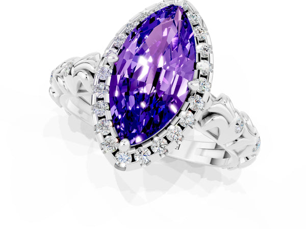 Silver Marquise Cut Tanzanite Halo Ring with Filigree Band and Prong Setting