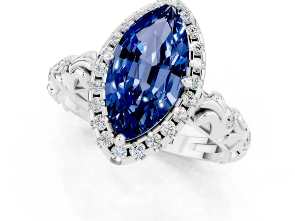 Silver Marquise Cut Blue Sapphire Halo Ring with Filigree Band and Prong Setting