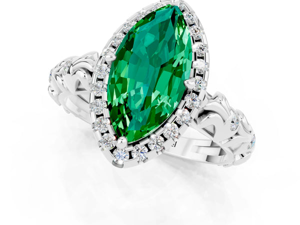 Silver Marquise Cut Emerald Halo Ring with Filigree Band and Prong Setting