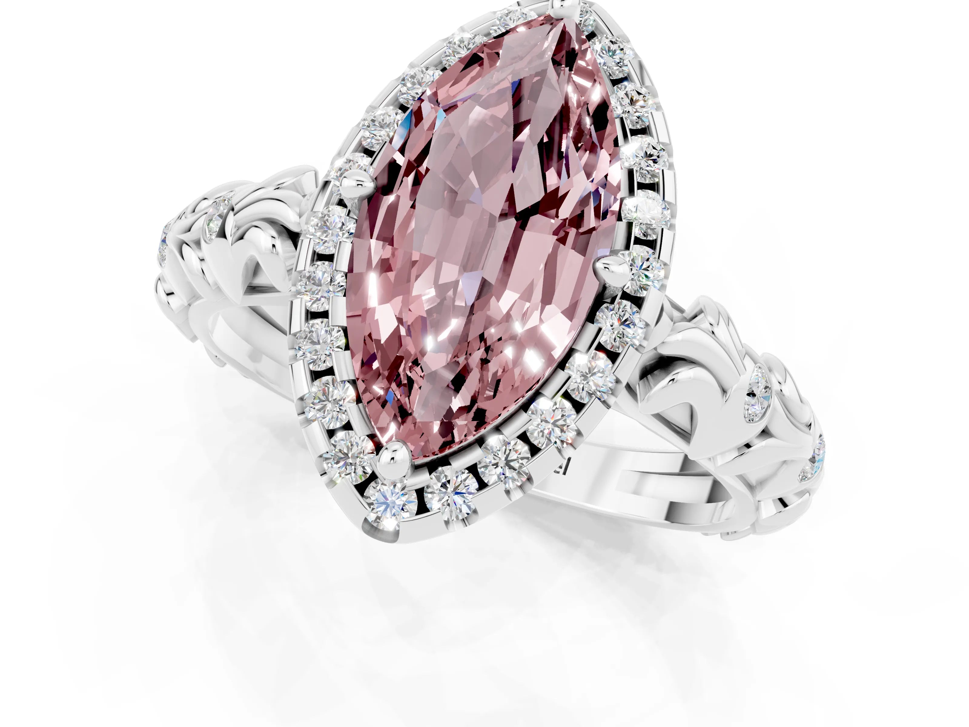 White gold Marquise Cut Halo Diamond Solitaire with Filigree Band and Four-Prong Setting_1