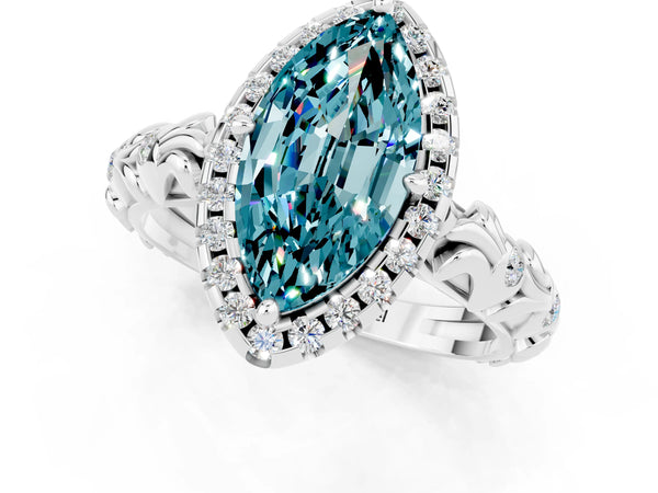White gold Marquise Cut Halo Diamond Solitaire with Filigree Band and Four-Prong Setting