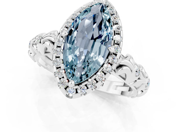 Platinum Marquise Cut Aquamarine Halo Ring with Filigree Band and Prong Setting