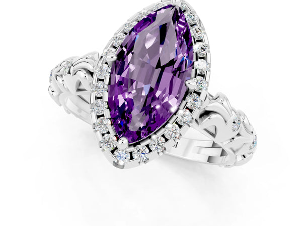 Platinum Marquise Cut Amethyst Halo Ring with Filigree Band and Prong Setting