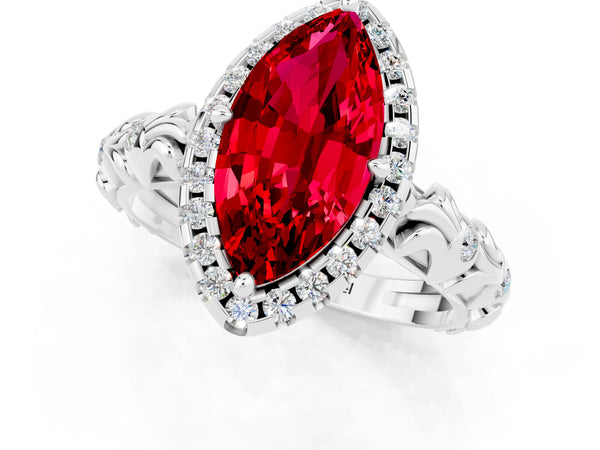 White gold Marquise Cut Ruby Halo Ring with Filigree Band and Prong Setting