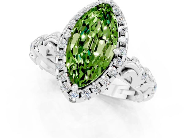 Platinum Marquise Cut Peridot Halo Ring with Filigree Band and Prong Setting
