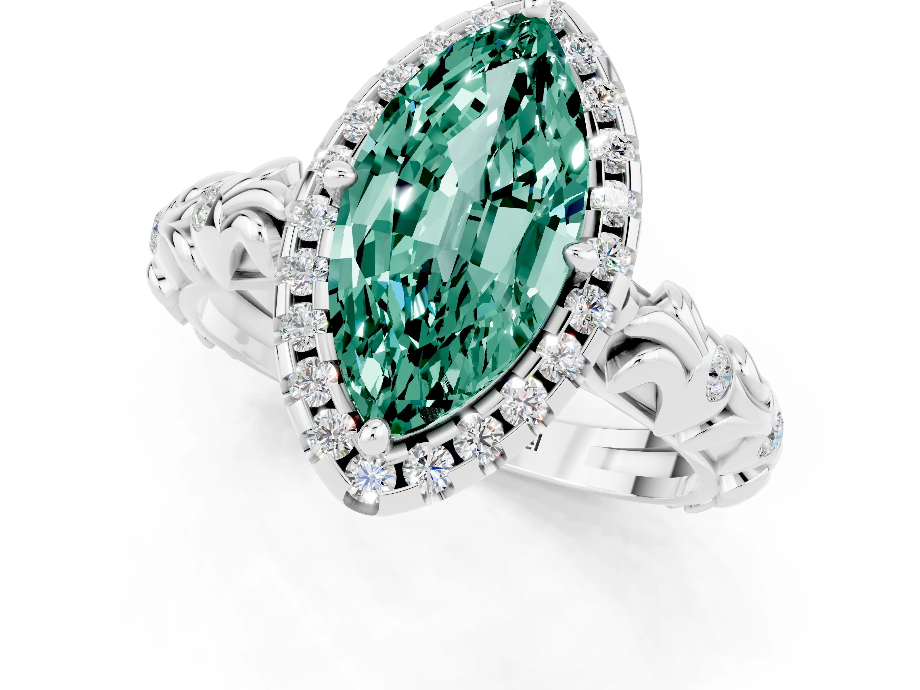 White gold Marquise Cut Halo Diamond Solitaire with Filigree Band and Four-Prong Setting_1
